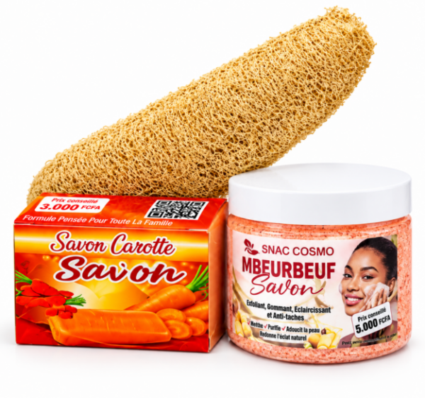 Pack savons et lufa (savon carotte, savon gommant Mbeurbeuf, lufa naturelle)